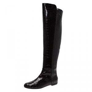 Pre Owned Giuseppe Zanotti Brown Croc Embossed Patent Ringotto Over the Knee Boots Size 38