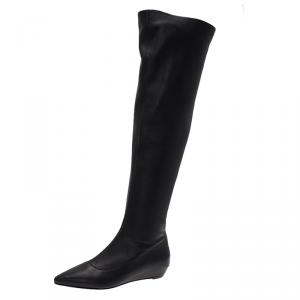 Pre Owned Giuseppe Zanotti Black Leather Pointed Wedge Over the Knee Boots Size 38.5