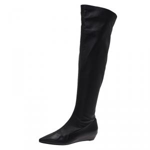 Pre Owned Giuseppe Zanotti Black Leather Pointed Wedge Over the Knee Boots Size 40