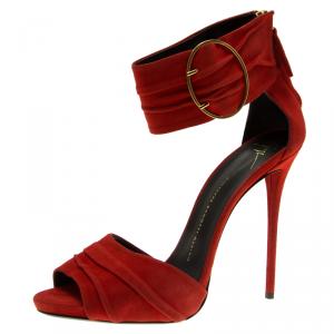 Pre Owned Giuseppe Zanotti Red Pleated Suede Ankle Strap Sandals Size 40