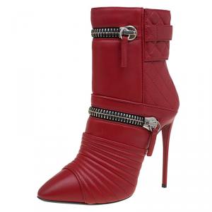 Pre Owned Giuseppe Zanotti Red Quilted Leather Olinda Zipper Detail Ankle Boots Size 37