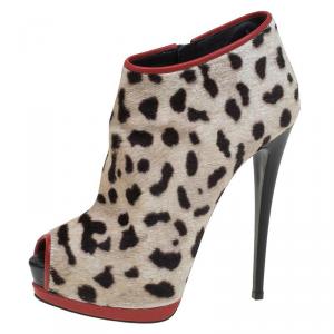 Pre Owned Giuseppe Zanotti Leopard Calf Hair and Red Leather Peep Toe Platform Ankle Boots Size 40