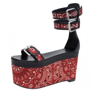 Pre Owned Giuseppe Zanotti Red and Black Printed Leather Ankle Strap Platform Sandals Size 38