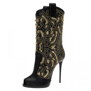 Pre Owned Giuseppe Zanotti Black Studded Leather Coline Peep Toe Mid Calf Boots Size 40