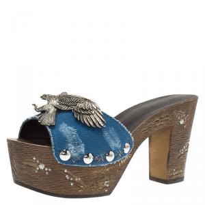 Pre Owned Giuseppe Zanotti Blue Canvas Eagle Embellished Saboot Platform Slides Size 37