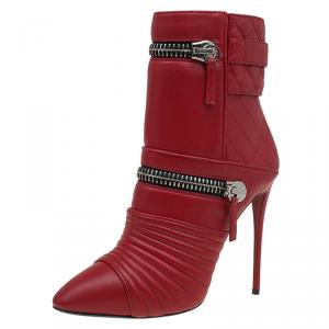 Pre Owned Giuseppe Zanotti Red Quilted Leather Double Zip Accent Boots Size 38.5