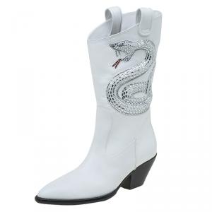 Pre Owned Giuseppe Zanotti White Snake Embellished Leather Guns 55 Cowboy Boots Size 38.5