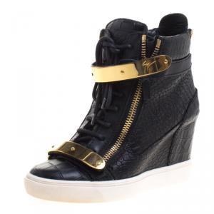 Pre Owned Giuseppe Zanotti Black Croc Embossed Leather Lorenz Wedge Sneakers Size 38