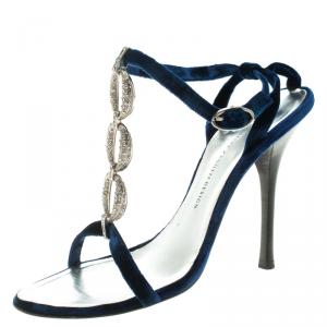 Pre Owned Giuseppe Zanotti Vicini Blue Embellished Velvet Strappy Sandals Size 38