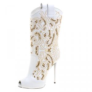 Pre Owned Giuseppe Zanotti White Studded Leather Coline Peep Toe Mid Calf Boots Size 38