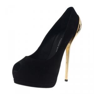 Pre Owned Giuseppe Zanotti Black Suede Metal Heel Peep Toe Platform Pumps Size 39.5