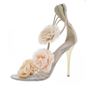 Pre Owned Giuseppe Zanotti Pink Chiffon and Leather Flower Appliqué Sandals Size 37