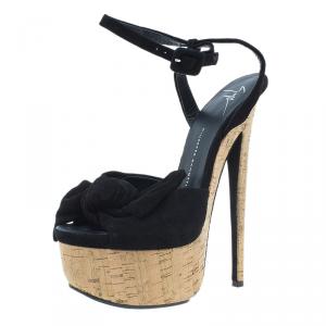 Pre Owned Giuseppe Zanotti Black Suede Bow Ankle Strap Platform Sandals Size 38