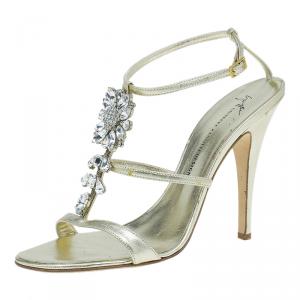 Pre Owned Giuseppe Zanotti Gold Embellished Leather T Strap Sandals Size 41