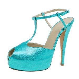 Pre Owned Giuseppe Zanotti Metallic Turquoise Leather T Strap Platform Sandals Size 39