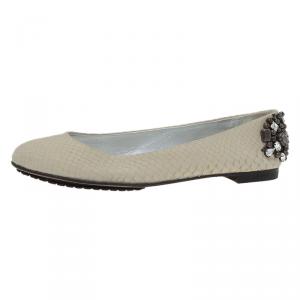 Pre Owned Giuseppe Zanotti Cream Python Embossed Jewel Embellished Leather Ballet Flats Size 41