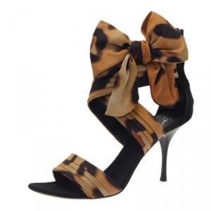 Pre Owned Giuseppe Zanotti Leopard Print Silk and Satin Bow Detail Sandals Size 40