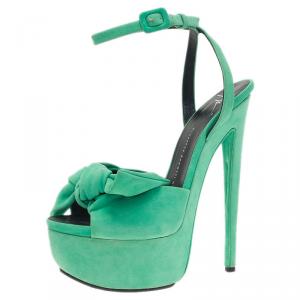 Pre Owned Giuseppe Zanotti Green Suede Bow Ankle Strap Platform Sandals Size 40 