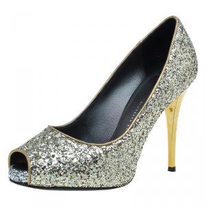 Pre Owned Giuseppe Zanotti Gold Glitter Peep Toe Pumps Size 36.5