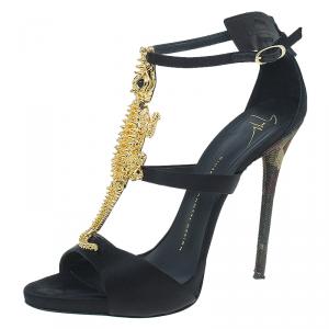 Pre Owned Giuseppe Zanotti Black Satin and Leather Alligator Embellished Sandals Size 38.5