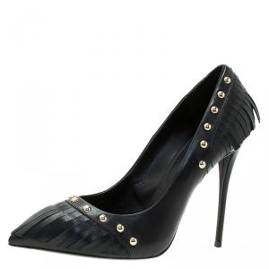 Pre Owned Giuseppe Zanotti Black Leather Studded Fringe Pumps Size 38.5