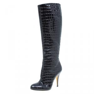 Pre Owned Giuseppe Zanotti Dark Brown Patent Croc Embossed Over Knee Boots Size 38