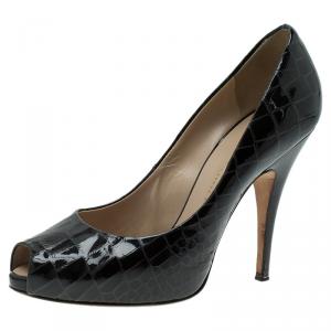 Pre Owned Giuseppe Zanotti Black Patent Croc Embossed Sharon Platform Peep Toe Pumps Size 38