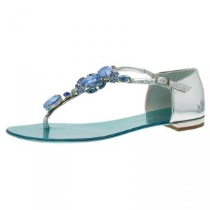 Pre Owned Giuseppe Zanotti Metallic Turquoise Jewel Embellished Flat Sandals Size 37