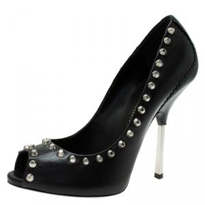Pre Owned Giuseppe Zanotti Black Leather Studded Peep Toe Pumps Size 38.5 
