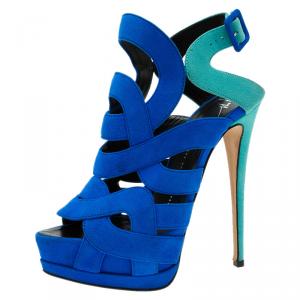 Pre Owned Giuseppe Zanotti Two Tone Suede Cutout Caged Slingback Platform Sandals Size 38