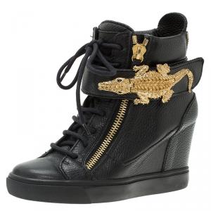 Pre Owned Giuseppe Zanotti Black Leather Alligator Detail Wedge Sneakers Size 38