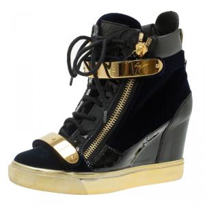 Pre Owned Giuseppe Zanotti Black Leather and Blue Velvet Coby Wedge Sneakers Size 38.5