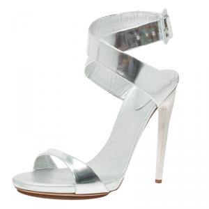 Pre Owned Giuseppe Zanotti Silver Metallic Leather Criss Cross Platform Sandals Size 39.5