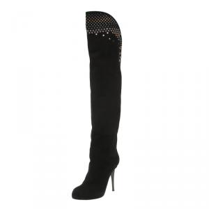 Pre Owned Giuseppe Zanotti Black Studded Suede Over Knee Boots Size 38