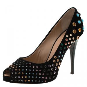 Pre Owned Giuseppe Zanotti Black Studded Suede Peep Toe Platform Pumps Size 37