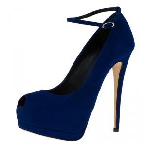 Pre Owned Giuseppe Zanotti Blue Suede Sharon Ankle Strap Platform Pumps Size 36.5