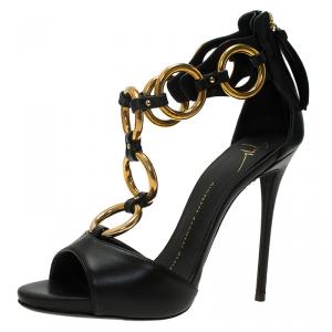 Pre Owned Giuseppe Zanotti Black Leather Rings T Strap Sandals Size 37