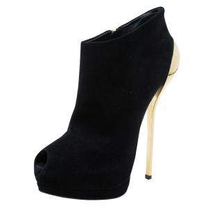 Pre Owned Giuseppe Zanotti Black Suede Lacquered Heel Peep Toe Platform Ankle Boots Size 40