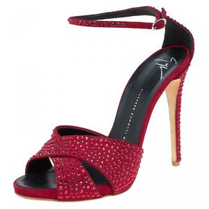 Pre Owned Giuseppe Zanotti Red Suede Crystal Embellished Ankle Strap Sandals Size 38.5