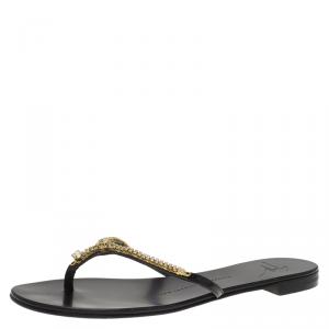 Pre Owned Giuseppe Zanotti Black Patent Crystal Embellished Thong Sandals Size 35