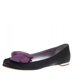 Pre Owned Guissepe Zanotti Black and Purple Satin Rose Detail Peep Toe Ballet Flats Size 37