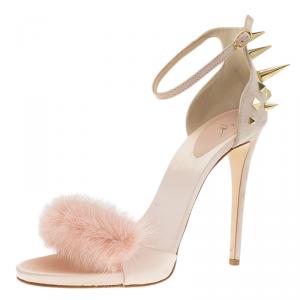 Pre Owned Giuseppe Zanotti Light Pink Suede and Fur Spiked Ankle Strap Sandals Size 39