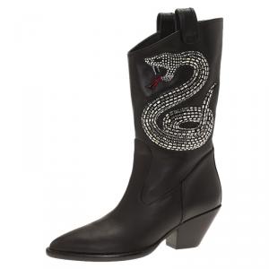 Pre Owned Giuseppe Zanotti Black Snake Embellished Leather Guns 55 Cowboy Boots Size 38.5