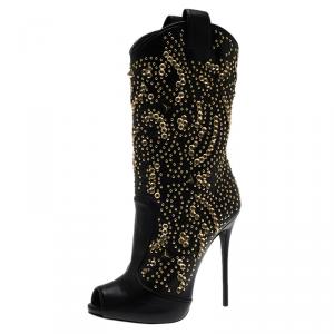 Pre Owned Giuseppe Zanotti Black Studded Leather Coline Peep Toe Mid Calf Boots Size 36