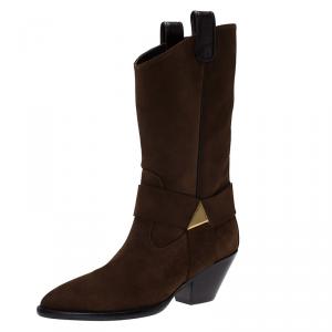 Pre Owned Giuseppe Zanotti Brown Suede Pyramid Stud Cowboy Boots Size 38.5