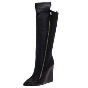 Pre Owned Giuseppe Zanotti Black Leather and Fur Lining Guaz Knee Boots Size 38