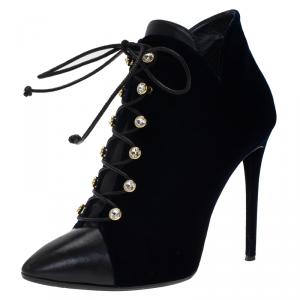 Pre Owned Giuseppe Zanotti Navy Blue Velvet and Black Leather Olinda Lace Up Ankle Boots Size 39