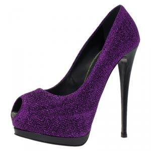 Pre Owned Giuseppe Zanotti Purple Glitter Fabric Peep Toe Platform Pumps Size 37.5