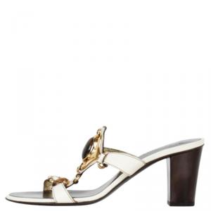 Pre Owned Giuseppe Zanotti White Embellished Leather Slides Size 38.5