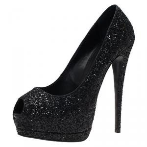 Pre Owned  Giuseppe Zanotti Black Coarse Glitter Sharon Peep Toe Platform Pumps Size 39
